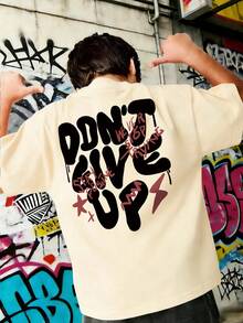 青少年男孩休闲印花圆领短袖 T 恤，夏季上衣 - 杏色 - 查看 1