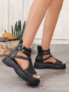 Giày sandal cao gót đế dây cho nữ, gót đế xuồng, hở mũi, thắt nơ chéo, đế platform, thích hợp cho mùa hè và mùa xuân. - màu đen - Xem 4