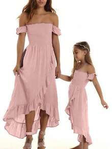 Mommy And Me Matching Dresses Womens Smocked Ruffle Sleeve  Flowy Swing Mini Dress Vacation Beach Family Matching Outfits - 泡泡糖粉 - 查看 1