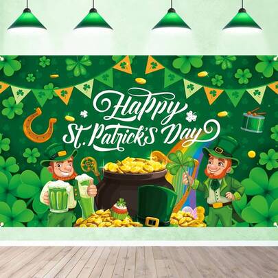 2D Flat - Single Piece 2D Flat Printing Banner, Suitable For St. Patrick's Day Background Fabric, Party Decoration, Bright Green St. Patrick's Day Banner, With Clover And Top Hat Design, Suitable For Indoor/Outdoor Celebrations, 2D Flat Birthday Celebrations, And Ideal For Enhancing Rooms, Gardens, Or Courtyards. Easy To Set Up, Suitable For Indoor And Outdoor Use