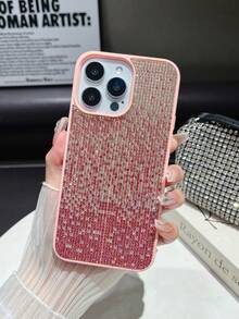 Sequins,Diamond 1pc Pink Ombre Gradient Rhinestone Phone Case, Luxury Shockproof 2-In-1 Protective Cover For IPhone 16 Pro Max/13/14 - Pink - View 6
