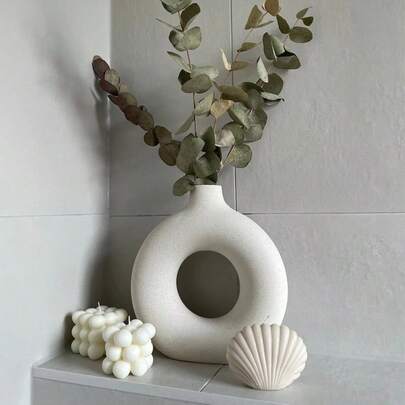 White Nordic Ins-Style Ceramic Vase Decor, Creative Donut Shaped Vase For Fresh/Dried Flowers, Home Decoration