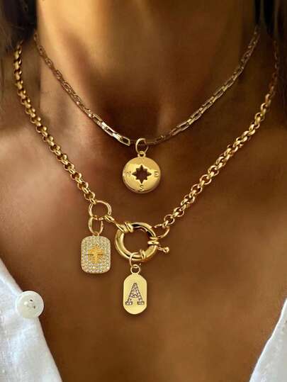 1件镶钻八角星吊坠金色字母项链，时尚简约奢华女士项链