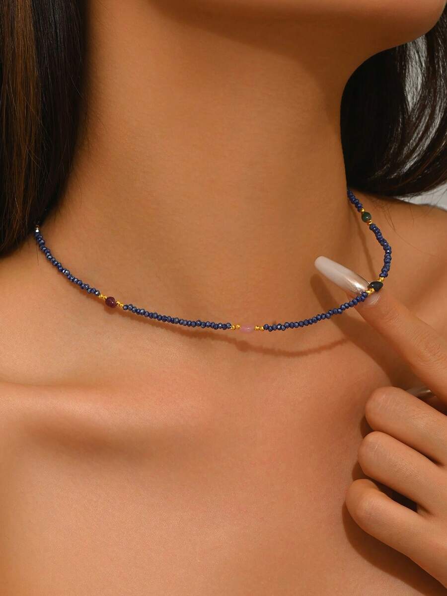 1pc Women's Fashion Asymmetrical Stone Crystal Beaded Necklace, Suitable For Daily Wear (Bead Color Random) - Blue-n1291 - View 1