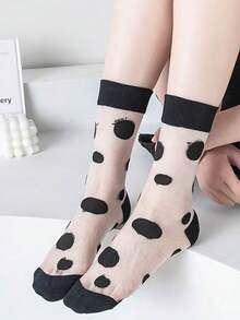 4 Pairs Transparent Socks For Women, Summer Thin Leopard, Black & White, Ins Mid-Calf, Striped, Plaid, Glass Silk Socks - Multicolor - View 2