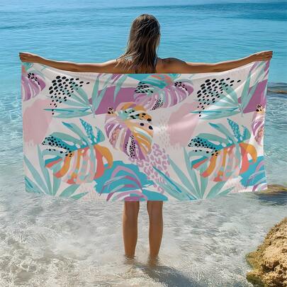 1 pieza Toalla de playa/baño con estampado de hojas tropicales de colores, impresión de un solo lado, toalla de playa de fibra súper suave y de secado rápido, chal protector solar, manta, esterilla de yoga, toalla portátil para playa, piscina y deportes, toalla suave y amigable con la piel, toalla ligera para el baño y la playa