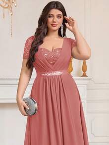 Plus Size Sweetheart Neckline Sequin Floral Lace Contrast Color Rhinestone Satin Waist Chiffon Ruffle Hem Formal Party Maxi Dress, Suitable For Wedding Guest, Prom, Birthday, Banquet, Holiday And Other Occasions Elegant Summer - Dusty Pink - View 9