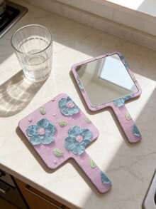 1pc Spring Floral Square Handheld Mirror, Bathroom Makeup Mirror, Sweet Gift For Campus Girls, Delicate Cleaning Supplies For Female, Practical Birthday Gift For Girlfriends, Christmas/Wedding/Valentine's Day Souvenir, Mother's Day Thoughtful Present - Multicolor - View 5
