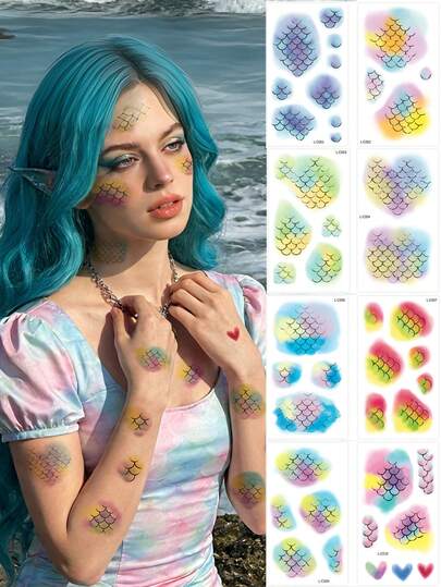 10片装美人鱼鳞片纹身贴纸 海洋美人鱼脸部纹身临时贴纸 适用于女性 万圣节化妆 情人节配饰 生日派对 节日装饰