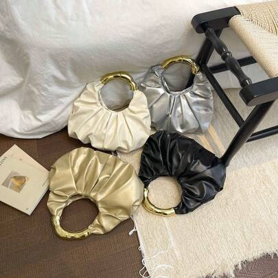 Sac nuage en PU de couleur unie avec une poignée distinctive, design plissé de niche, sac à main élégant pour dames, sac de soirée