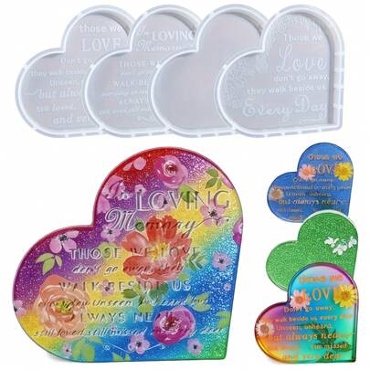 4件套树脂杯垫模具，心形树脂硅胶模具，环氧树脂慰问纪念符号，适用于DIY工艺品、家居装饰、慰问礼品