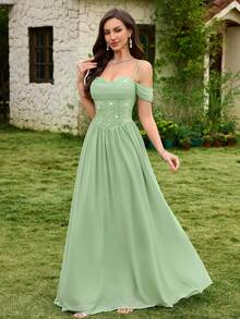 MIUSOL Sequin Floral Lace Off-Shoulder Ruffle Hem Chiffon Formal Party Maxi Dress, Bridesmaid Dress, Formal Evening Gown Wedding - Mint Green - View 6