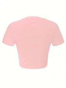 Hot Hour  New Crop Top With Round Neck And Short Sleeves Dominican Republic Letter Print Women's Casual Simple Fitted Short Crop Top - 粉紅色 - 查看 2