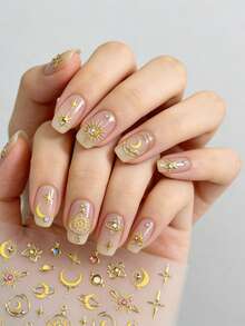 2片星月美甲贴纸 金色5D浮雕星星美甲贴花 金色星日月图腾奢华设计自粘美甲贴纸 设计师美甲贴花 适用于亚克力指甲 DIY美甲装饰 - 彩色 - 查看 6