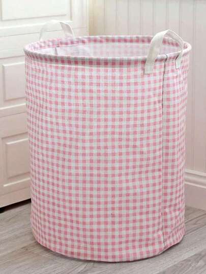 Valentine's Day Pink Plaid Laundry Basket, Fabric Storage Basket, Dorm Storage Bag, Can Be Used To Store Tissues, Clothes And Toys, Waterproof Foldable Inner Layer, Foldable Laundry Basket, Bathroom Storage Basket, Home Laundry Basket, Laundry Bucket, Essential Back To School Season