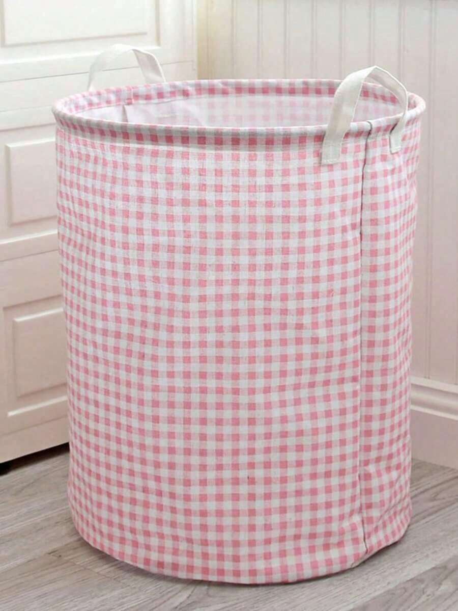 Valentine's Day Pink Plaid Laundry Basket, Fabric Storage Basket, Dorm Storage Bag, Can Be Used To Store Tissues, Clothes And Toys, Waterproof Foldable Inner Layer, Foldable Laundry Basket, Bathroom Storage Basket, Home Laundry Basket, Laundry Bucket, Essential Back To School Season - 1 cái màu hồng - Xem 1