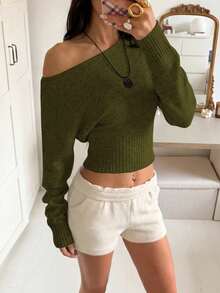 Sexy Off-Shoulder Off Shoulder Knit Sweater, Comfortable & Elegant, Suitable For Dating, Casual Gatherings, And Travel In Autumn/Winter - 軍綠色 - 查看 2