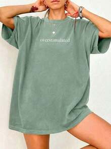 Oversized Women's Overstimulated Graphic Tee, Unisex Vintage Heavyweight Loose Washed Summer T-Shirt For Casual Street Wear - 綠色 - 查看 1