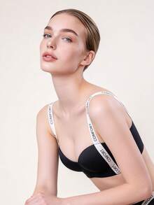 Lilivine Sujetador de encaje con aros, tirantes con letras y relleno para realzar para mujer - Negro - Ver 2