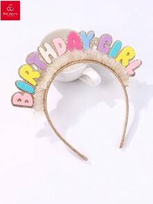 1pc Girls' BIRTHDAY GIRLS Glitter Gold Mesh Fabric Plastic Hairband Suitable For Birthday Party Wearing Gift - 彩色 - 查看 2