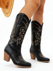 Cowboy Boots For Women, Brown Western Style Fashion Pointed Toe Embroidered Chunky Heel Slip-On Boots, Autumn/Winter - Black - View 10