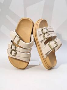 A Pair Of Girls' Retro Metal Buckles, Lightweight And Non Slip One Line Drag Daily Casual Sandals - Apricot - View 2
