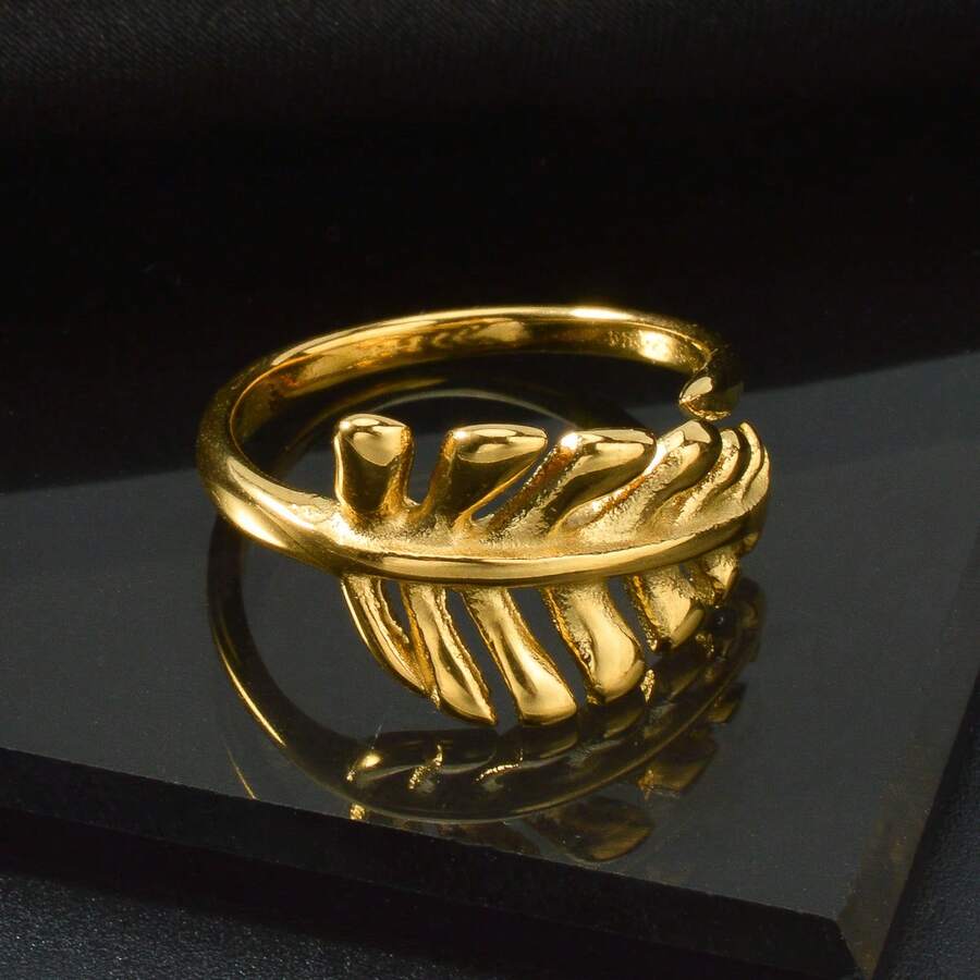 1pc Fashionable Retro 18k Gold-Plated Three-Dimensional Leaf Open Ring For Women Daily Party Gifts - Gold - View 1