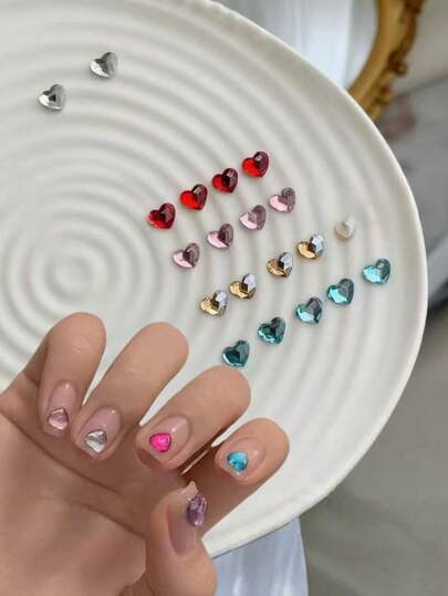 20pcs Trending Mini & Large Colorful Transparent Heart Shaped Flat Bottom Rhinestones, Nail Art Decorations, Nail Accessories, DIY Decor