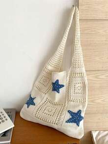 Large Capacity One Shoulder Beach Bag, Starfish Hollow Woven Pattern, Casual Tote Bag For Beach Holiday - A - View 7