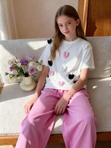8-12 Years Old Girls Summer Casual Cute Style Set, White Short Sleeve T-Shirt With Heart 3D Decor Top Paired With Pink Loose Straight Pants, Comfortable Minimalist 2pcs Set - Pink - View 2