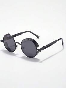 Moemton Men's Steampunk Round Fashion Glasses | Retro Double Bridge Metal Frame Gothic Y2K Streetwear Glasses Suitable For Party And Daily Wear - Black - View 5