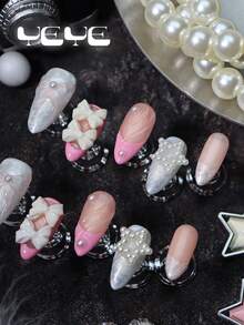 Upgrade Your Look With 10pcs Fake Nails Press On Almond French Tip,Pink,Nude Pink As The Base Color,Pearl White,3d Three-Dimensional Decoration Element,Bowknot,Pearl Star,Rhinestone Decor,Japanese Style Full Coverage Fake Nails Acrylic Medium Length Set,Sweet Heart Nail Supplies For Women And Girls &1pc Mini Nail File & 1 Sheet Adhesive Tabs,Boho Nail Art For Festivals, Daily, Work, Parties, Gatherings And Other Places - Pink - View 3