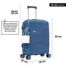 Mala de cabine 55x38x22cm (44L) em polipropileno | Tamanho médio expansível: 65cm - 23kg (79L) | Tamanho grande expansível: 75cm - 25kg (117L) | Rodas giratórias e trava embutida | Robusta | Durável | Com alça telescópica | Ideal para viagens de negócios e férias | Unissex - Amarelo/Branco/Bordô/Azul-marinho/Preto/Ouro rosa/Turquesa - Azul marinho - Ver 3