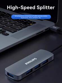 PHILIPS 飞利浦 USB 3.0 分线器 – 带 4 个端口的 USB 集线器，OTG Type-C 接口，适用于手机和平板电脑，铝合金外壳 - 查看 1