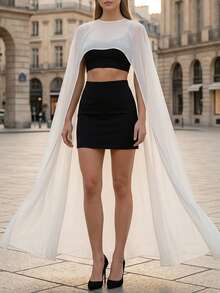 Chiffon Cape For Women Sheer Mesh Shawl Wraps Asymmetrical Flowy Capelets For Evening Dress Crop Cover Up Poncho - 白色 - 查看 4