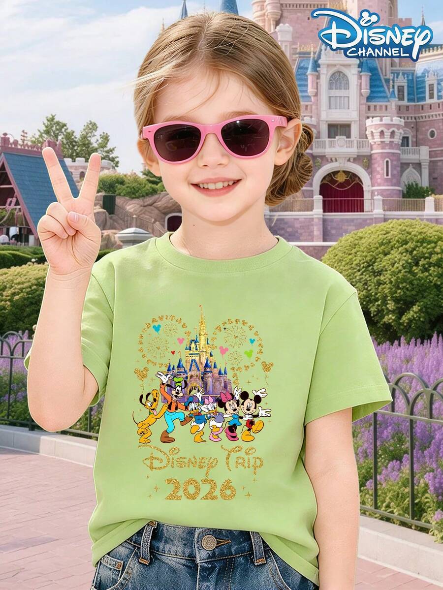 Girls' Short Sleeved Shirt Disney Castle Mickey, Minnie, Donald Duck Flying High Cartoon Print Disney Trip 2026 Text Pattern Casual Cute Style For Spring, Summer, Autumn, Theme Park Travel, Photography For Both Boys And Girls Children's Shirt - 綠色 - 查看 1