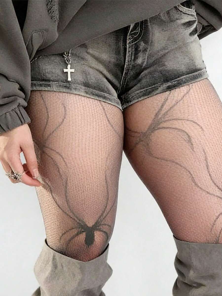 Lightweight Women's Spider Jacquard Fishnet Pantyhose, High Elasticity Anti-Snag Slimming Stockings, Sweet & Cool Girl Outfit Tights For Summer - Clear - View 1