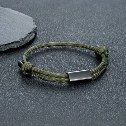 1 pieza Pulsera de paracord de doble hebra de acero de titanio negro cuadrado y verde militar, joyería deportiva para hombres al aire libre