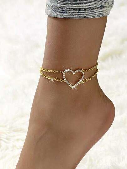 1pc Rhinestone Heart Shaped Anklet, Fashion Minimalist Sparkling Barefoot Jewelry For Beach Party