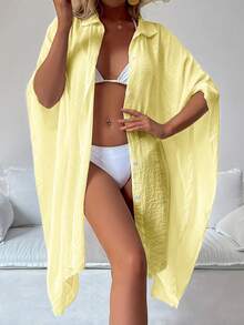 女士夏季黄色蝙蝠袖七分袖上衣、绿色上衣、单排扣衬衫、纯色外套，舒适轻便，黄色派对上衣、黄色连衣裙、黄色衬衫、女士复活节上衣、女士度假海滩装扮 - 黃色 - 查看 6