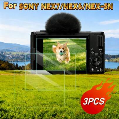 3片装屏幕保护膜（透明），兼容索尼NEX7/NEX6/NEX-5N/NEX-5T/NEX-5R，相机配件，采用钢化玻璃材质，9H硬度，防刮防气泡，超级耐用，全边覆盖，无缝贴合，防碎材质，耐用相机钢化玻璃膜，相机防刮保护膜，时尚礼物，适合送给男朋友/女朋友。