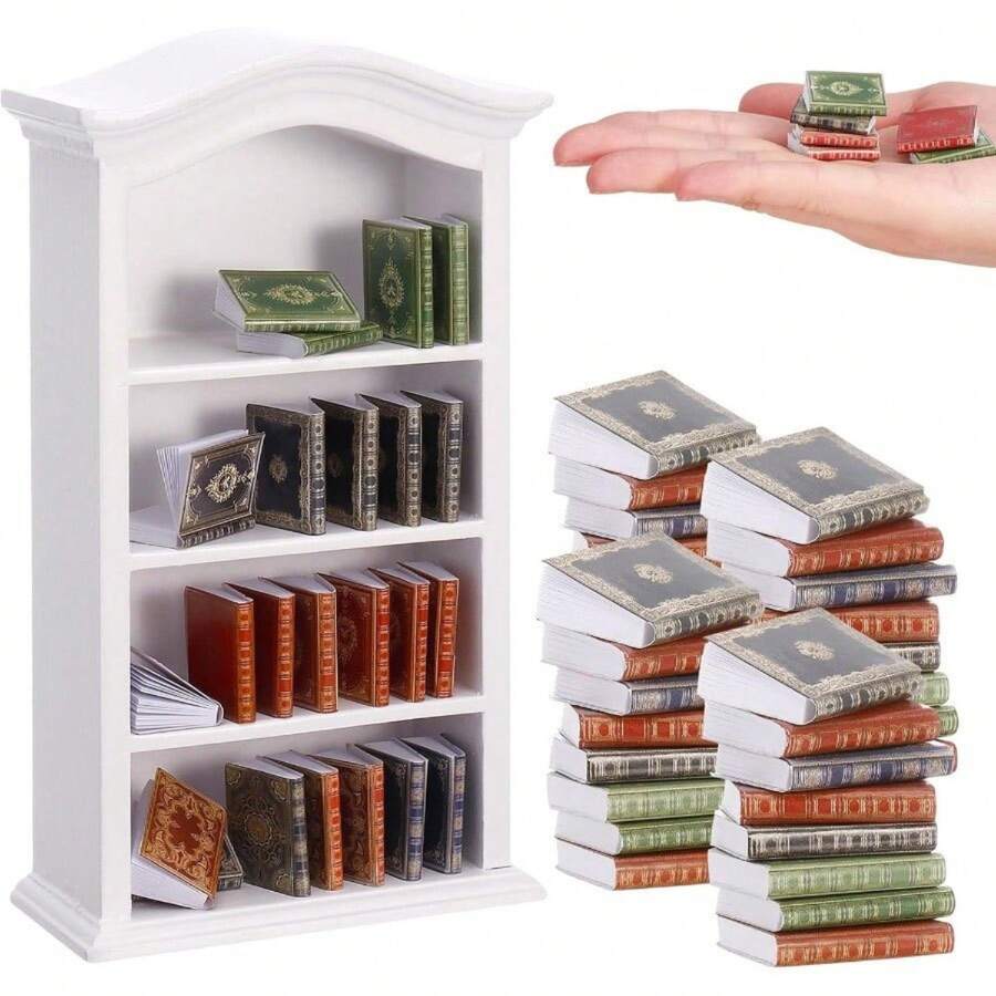 36 piezas Libros en miniatura escala 1:12 y 1 estantería, 4 pisos Mueble Estantería de exhibición de libros miniatura surtidos, Accesorios de decoración de casa de muñecas para el hogar y dormitorio