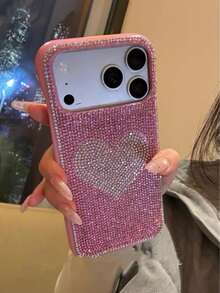 Funda de teléfono con patrón de corazón rosa, con strass en forma de corazón, compatible con iPhone 14/17 Pro/17 Pro Max, estilo de chica de moda, cubierta protectora para primavera y cumpleaños - Fondo plateado con corazón rosa. - Ver 6