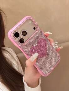 Funda de teléfono con patrón de corazón rosa, con strass en forma de corazón, compatible con iPhone 14/17 Pro/17 Pro Max, estilo de chica de moda, cubierta protectora para primavera y cumpleaños - Fondo plateado con corazón rosa. - Ver 9