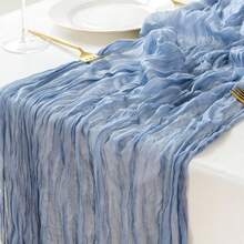 1pc Crinkle Gauze Bohemian Rustic Cheese Cloth Table Runner, Decorative Table Cloth, Suitable For Bridal Shower, Baby Shower, Or Wedding Table Decor - Dusty Blue - View 2