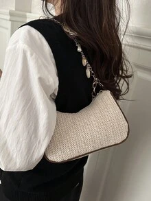 新款夏季草编单肩包、编织手提包、沙滩包、手机包、腋下包（女士款） - 米色 - 查看 6