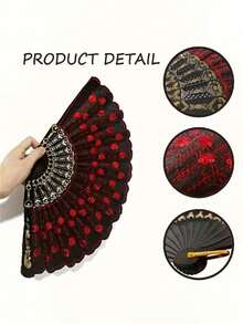 2件/4件套女士弗拉明戈舞蹈服装配饰 - 西班牙舞蹈全套，包括刺绣亮片扇、玫瑰发夹、项链和耳环，适合弗拉明戈派对、婚礼、角色扮演、舞台表演 - 彩色 - 查看 5