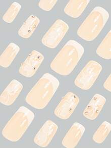 24pcs Elegant & Chic White Butterfly & Striped Rhinestone Artificial Nails, Shiny French Manicure Style, Versatile For Dates, Parties, Spring/Summer, Autumn/Winter Daily Wear, Removable Press-On Nails Set With Jelly Gel And File Included - White - View 4