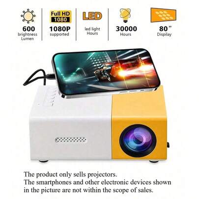 YG300 便携式迷你投影仪，无内置系统，支持多种接口，适用于家庭、办公室、聚会等场合，不含适配器；支持有线手机投屏。需要 5V 2A 充电器和配套数据线 - 建议按照图片所示步骤连接这款超紧凑型投影仪 - 360*240p。