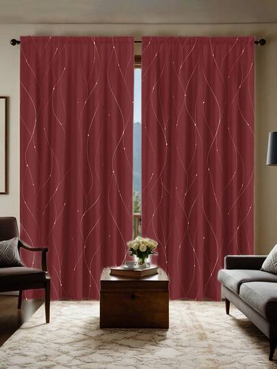 2 pezzi Tende semi-oscuranti con motivo a linee argentate su sfondo rosso, design senza asta, con passanti, stile minimalista per soggiorno, cucina, decorazione della casa, divisorio, realizzate in poliestere, lavabili in lavatrice